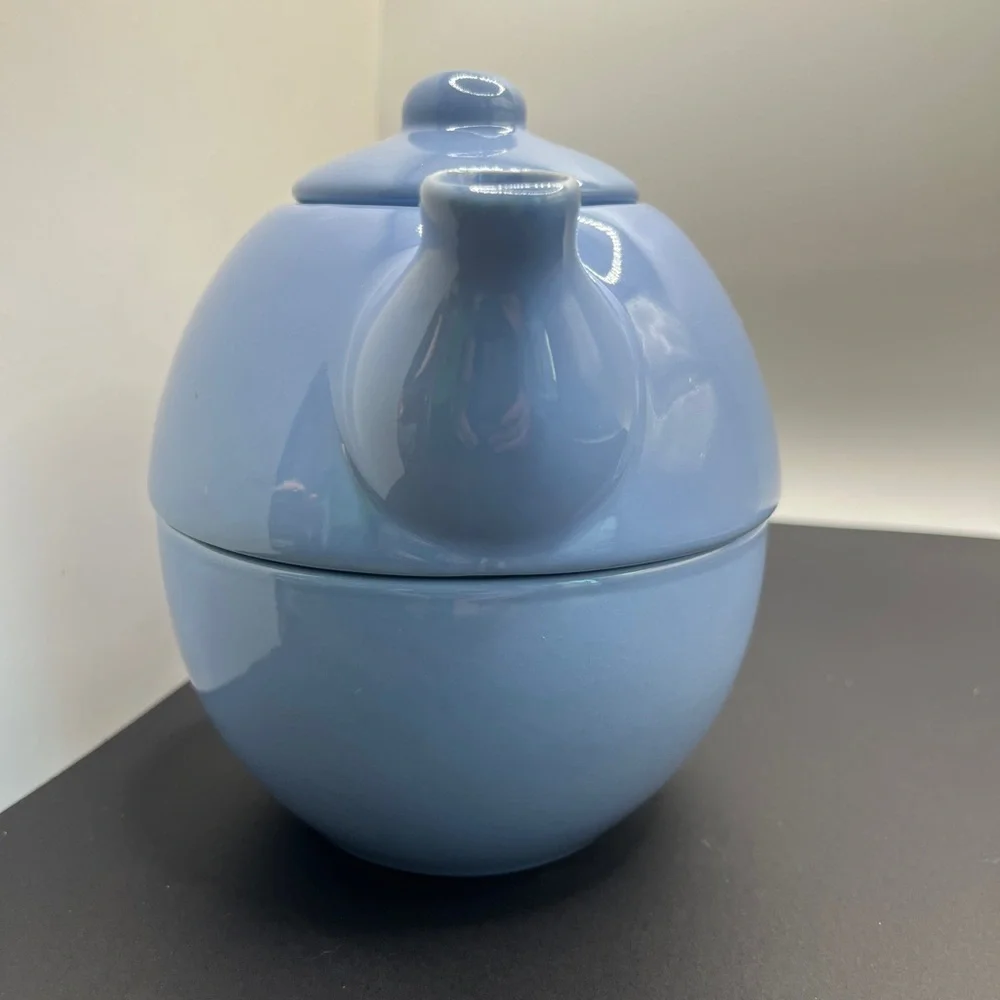 Pier 1 Blue Ceramic Stoneware Tea For One Stackable Teapot Excellent Condition